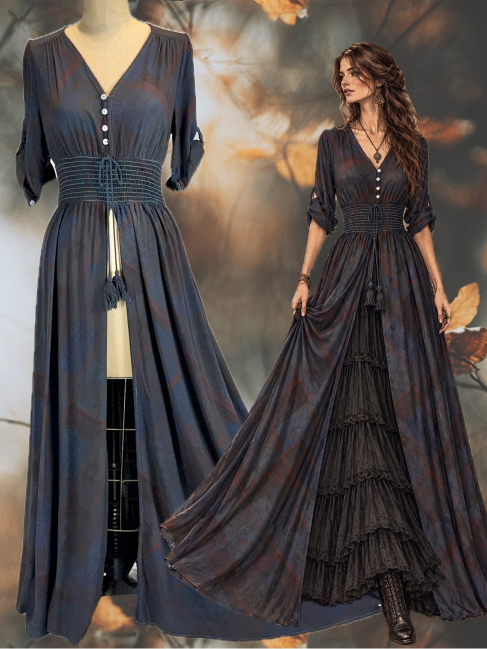 Dark muted plaid dress long maxi open front smocked waist witchy goth whimsigoth
